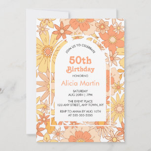 Invitación Elegante retro Naranja Peach Flora 50 cumpleaños