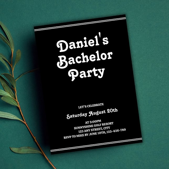 Invitación Elegante Retro Negro Simple Groovy Bachelor Party (Retro Black Simple Groovy Stylish Bachelor Party Invitation)