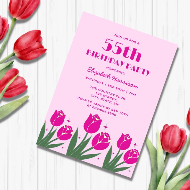 Invitación Elegante Retro Tulip Floral Magenta Cumpleaños Ros (Subido por el creador)