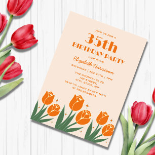 Invitación Elegante retro Tulip Floral Naranja Cumpleaños