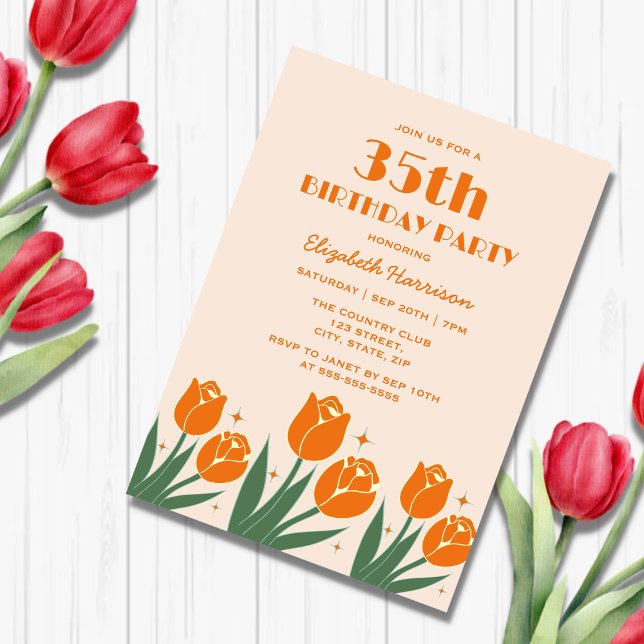Invitación Elegante retro Tulip Floral Naranja Cumpleaños (Subido por el creador)