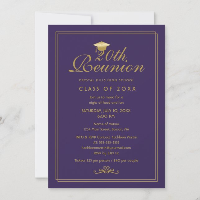 Invitación Elegante Reunión de Clase 20th Purple Gold (Anverso)
