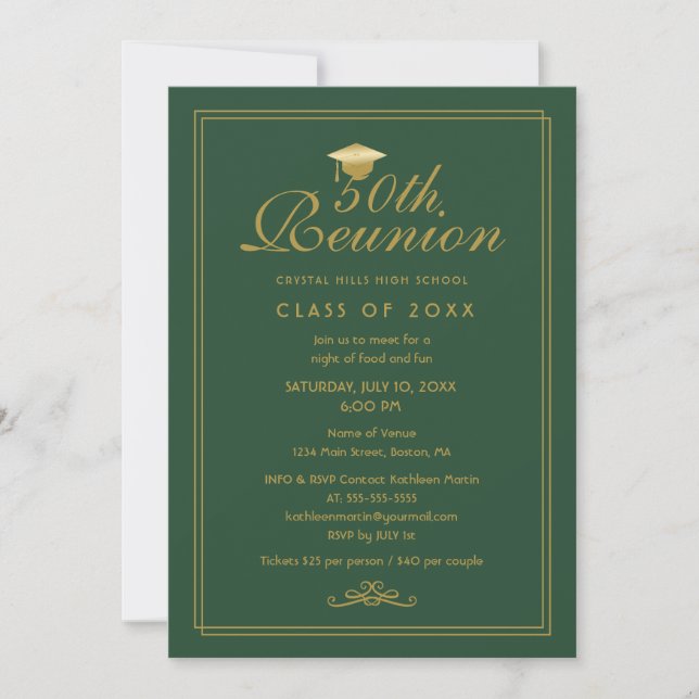 Invitación Elegante Reunión de Clase 50 de Oro Verde (Anverso)