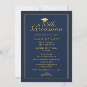 Invitación Elegante Reunión de Clase 55 de la Marina Azul Oro