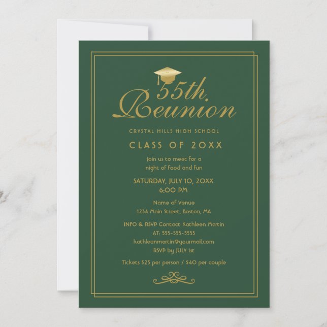 Invitación Elegante Reunión de Clase 55 del Oro Verde (Anverso)