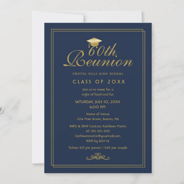 Invitación Elegante Reunión de Clase 60 de la Marina Azul Oro (Anverso)
