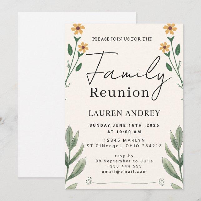 Invitación Elegante Reunión Familiar Botánica (Anverso / Reverso)