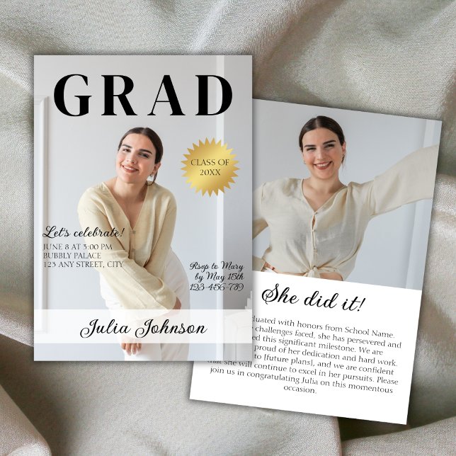 Invitación Elegante Revista Graduada Foto 2024 Graduación (Stylish Magazine Graduate Photo 2024 Graduation Invitation)