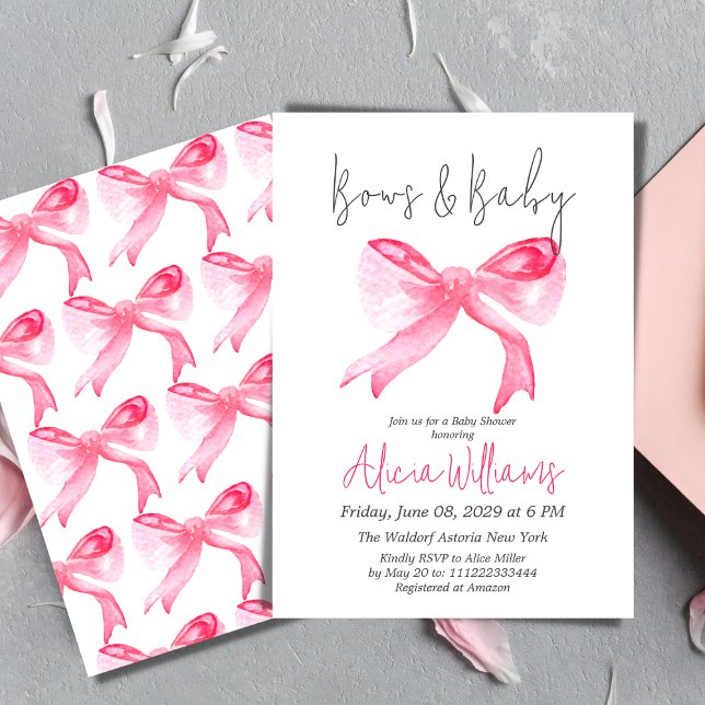 Invitación Elegante Ribbon Bows Rosa y Baby Girl Baby Shower (Subido por el creador)