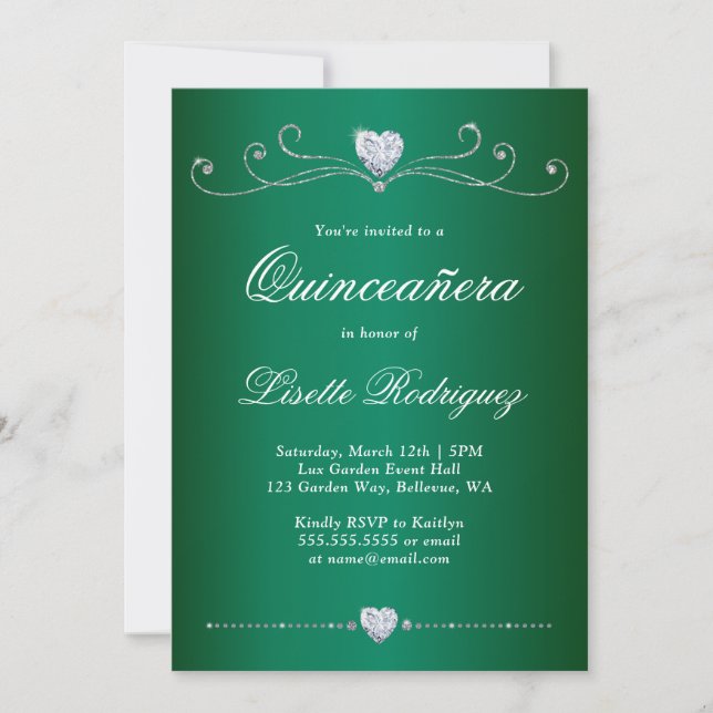 Invitación Elegante Rinceanera Verde De Esmeralda (Anverso)