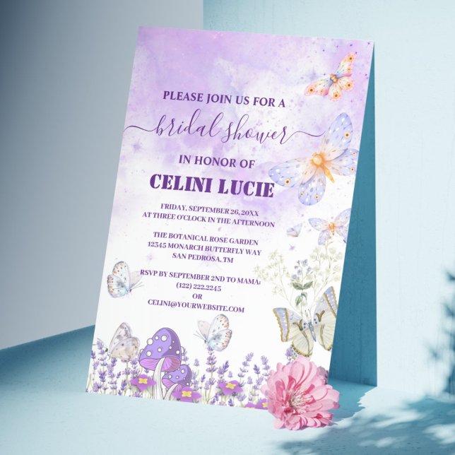 Invitación Elegante rival dorado y mariposa morada Showe (DIY Elegant Gold and Purple Butterfly Bridal Shower Invitation)
