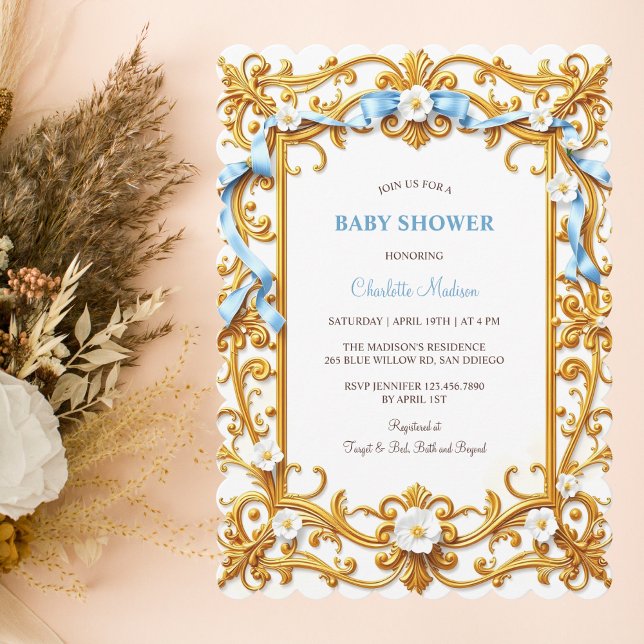Invitación Elegante Rococo Blue Gold Floral Boy Baby Shower (Elegant Rococo Blue Gold Floral Boy Baby Shower Invitation)