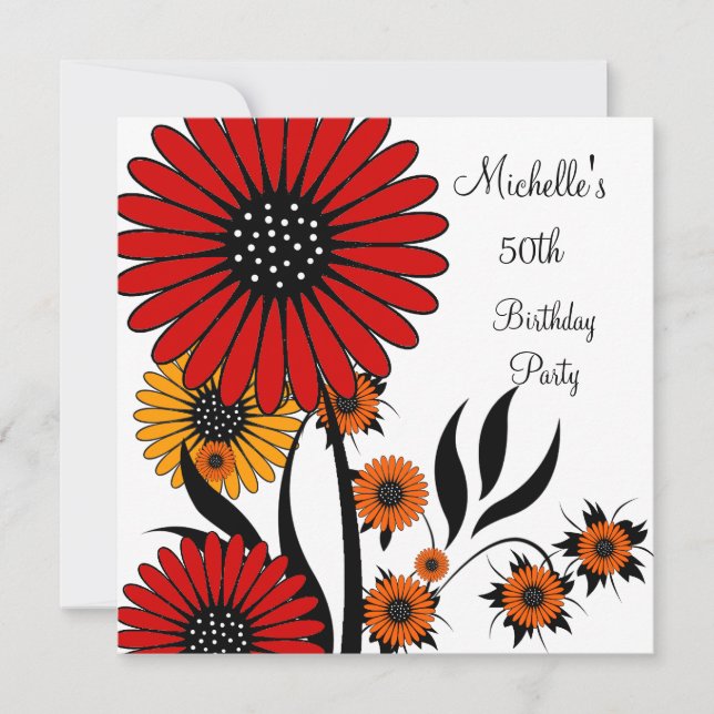 Invitación Elegante rojo amarillo floral blanco 50 cumpleaños (Anverso)
