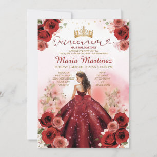 Invitación Elegante Rojo Borgoña Flores Princesa Quinceañera