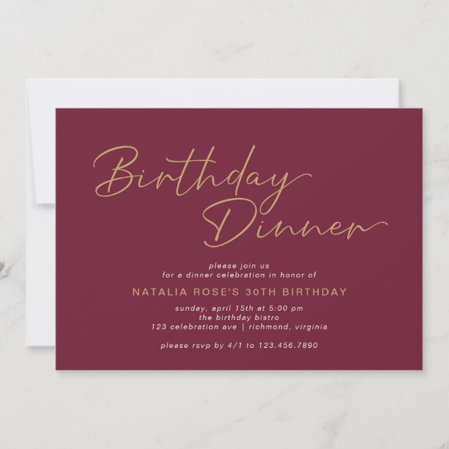 Invitación Elegante rojo borgoñón | Cena de cumpleaños de oro (Anverso)