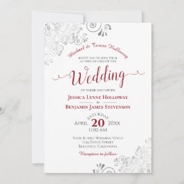 Invitación Elegante rojo con Boda formal de color plateado