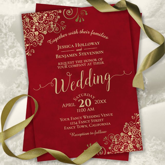 Invitación Elegante rojo con Bodas de oro y caligrafía (Subido por el creador)