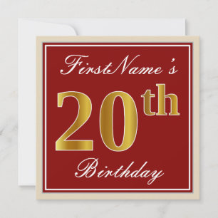 Invitación Elegante, Rojo, Dorado Falso Cumpleaños 20; Nombre