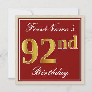 Invitación Elegante, Rojo, Dorado Falso Cumpleaños 92; Nombre