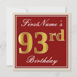 Invitación Elegante, Rojo, Dorado Falso Cumpleaños 93; Nombre
