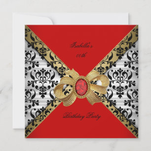 Invitación Elegante Rojo Dorado Negro Blanco Damasco Diamante