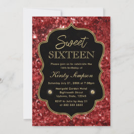 Invitación Elegante Rojo Falso Brillo y Dorado Invierno Dulce