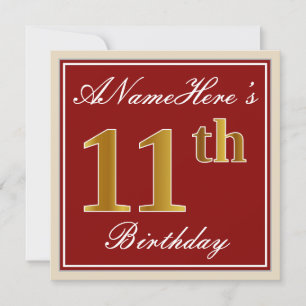Invitación Elegante, rojo, falso oro 11º cumpleaños; nombre p