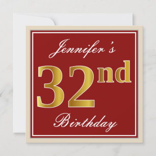 Invitación Elegante, rojo, falso oro 32 cumpleaños; nombre pe