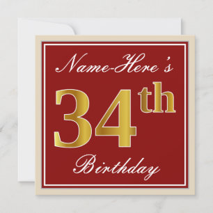 Invitación Elegante, rojo, falso oro 34 cumpleaños; nombre pe