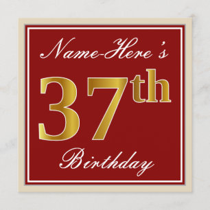 Invitación Elegante, rojo, falso oro 37 cumpleaños; nombre pe