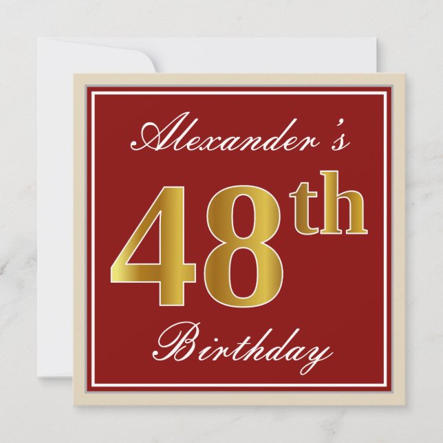 Invitación Elegante, rojo, falso oro 48 cumpleaños; nombre pe (Anverso)