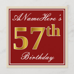 Invitación Elegante, rojo, falso oro 57 cumpleaños; nombre pe