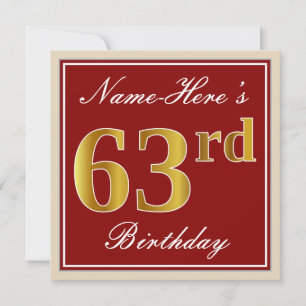 Invitación Elegante, rojo, falso oro 63 cumpleaños; nombre pe