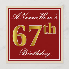 Invitación Elegante, rojo, falso oro 67 cumpleaños; nombre pe