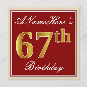 Invitación Elegante, rojo, falso oro 67 cumpleaños; nombre pe