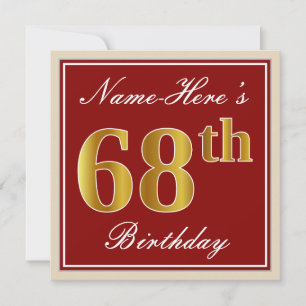 Invitación Elegante, rojo, falso oro 68º cumpleaños; nombre p