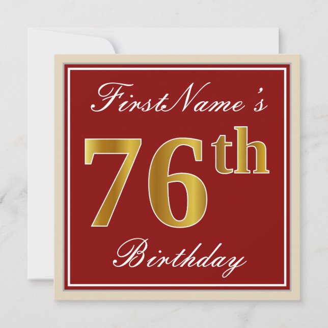 Invitación Elegante, rojo, falso oro 76º cumpleaños; nombre p (Anverso)