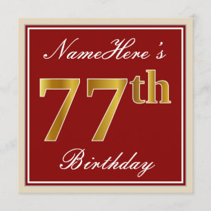 Invitación Elegante, rojo, falso oro 77 cumpleaños; nombre pe