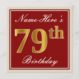 Invitación Elegante, rojo, falso oro 79 cumpleaños; nombre pe