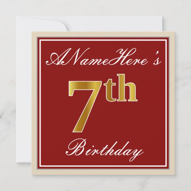 Invitación Elegante, rojo, falso oro 7 cumpleaños + nombre pe (Anverso)