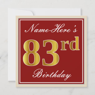 Invitación Elegante, rojo, falso oro 83 cumpleaños; nombre pe