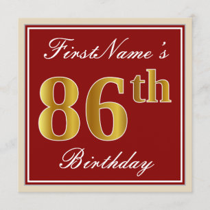 Invitación Elegante, rojo, falso oro 86º cumpleaños; nombre p