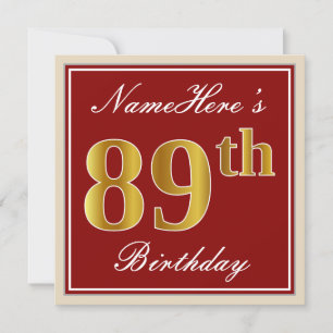 Invitación Elegante, rojo, falso oro 89º cumpleaños; nombre p