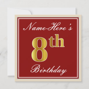 Invitación Elegante, rojo, falso oro 8 cumpleaños + nombre pe