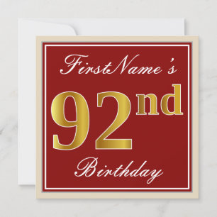 Invitación Elegante, rojo, falso oro 92 cumpleaños; nombre pe