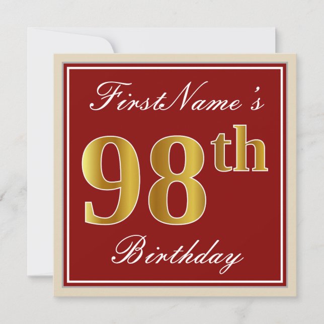 Invitación Elegante, rojo, falso oro 98º cumpleaños; nombre p (Anverso)