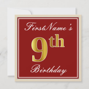 Invitación Elegante, rojo, falso oro 9 cumpleaños + nombre pe
