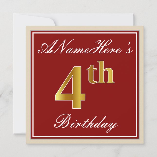 Invitación Elegante, rojo, falso oro cuarto cumpleaños + nomb (Anverso)