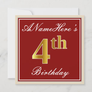 Invitación Elegante, rojo, falso oro cuarto cumpleaños + nomb