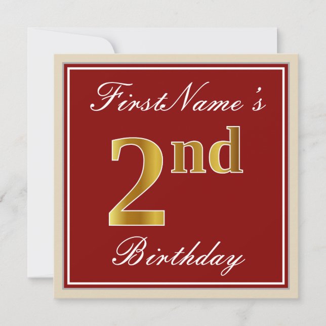 Invitación Elegante, rojo, falso oro segundo cumpleaños + nom (Anverso)